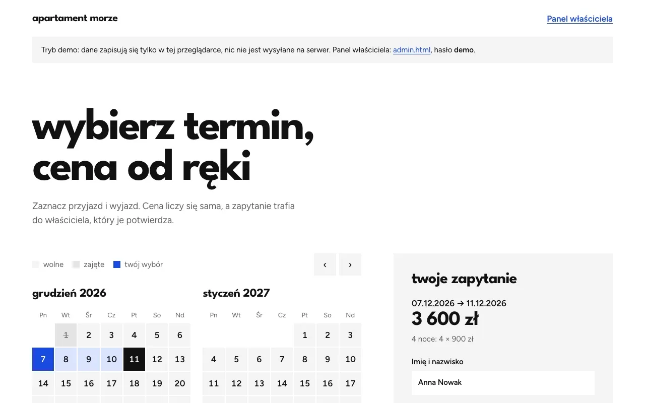 Panel rezerwacji: kalendarz z zajętymi terminami, cena pobytu i formularz zapytania