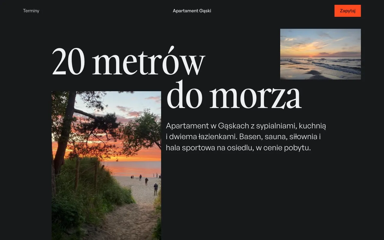Strona apartamentu nad morzem: nagłówek 20 metrów do morza i zdjęcia plaży