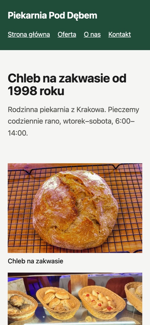 Strona po poprawkach na telefonie: czytelny nagłówek, zdjęcia i menu